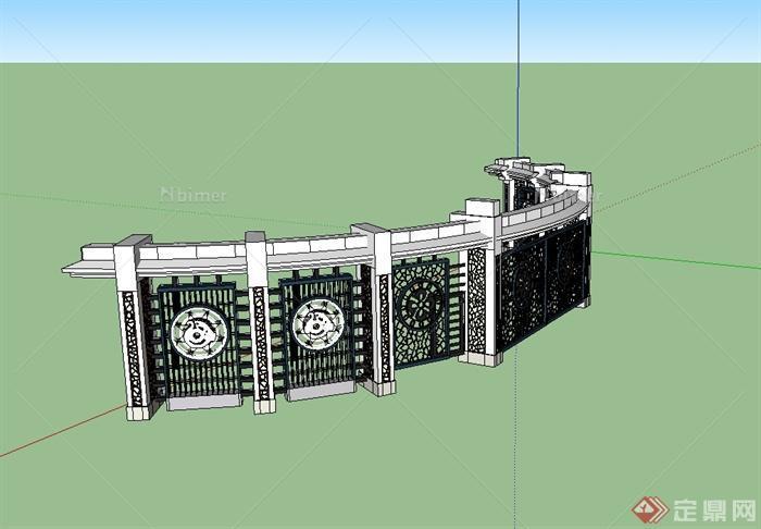 某现代中式风格弧形大门造型设计su模型原创