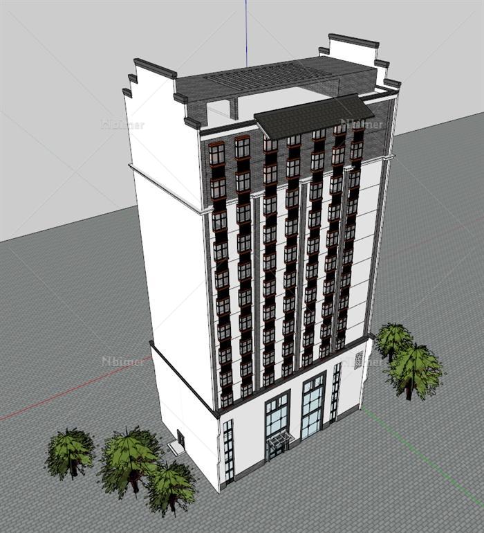 徽派新中式高层酒店建筑设计su模型原创