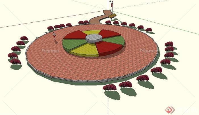 公园圆形花坛设计su模型(含地面铺装)
