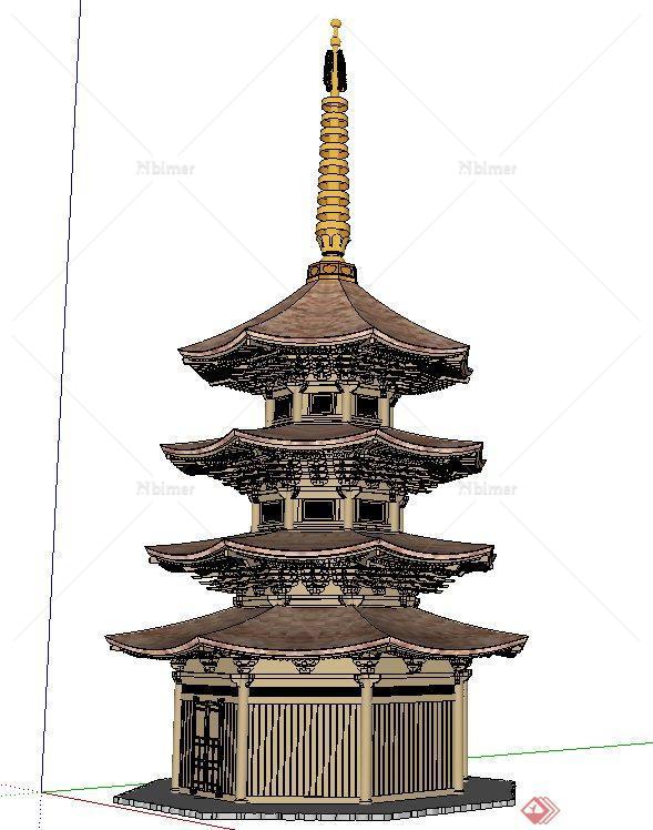 古典中式三层四檐塔楼建筑设计su模型