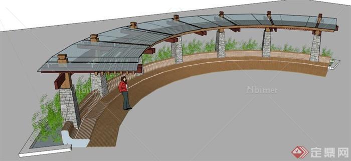 现代木制玻璃弧形廊架设计su模型