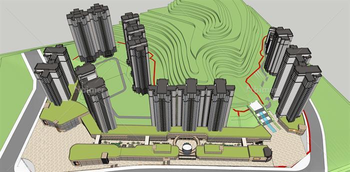 遵义某新中式商业广场及住宅楼建筑设计方案SU模