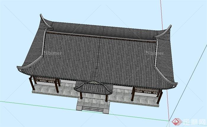 古典中式长方形单层茶室建筑设计SU模型