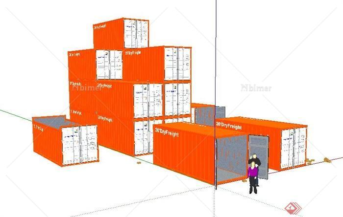 橙色堆叠集装箱货箱su模型[原创]