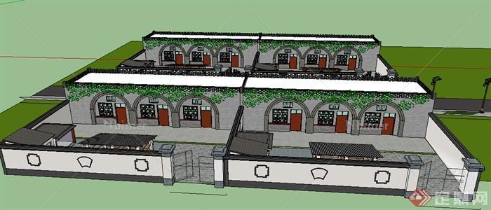 现代中式风格联排窑洞住宅含庭院建筑设计su模型