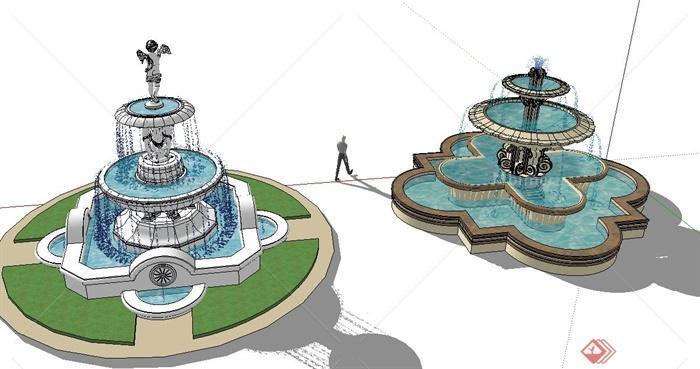 两款欧式喷泉水池景观设计su模型[原创]