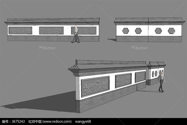 中式壮观景墙照壁su模型