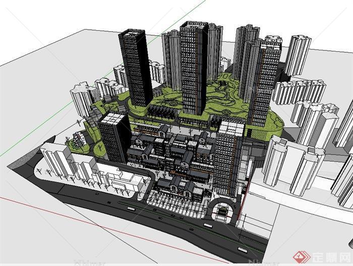 某现代中式风格山地商业办公综合楼设计su模型原