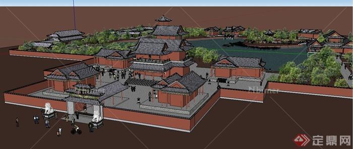 中式风格府邸古建筑及庭院景观设计su模型原创