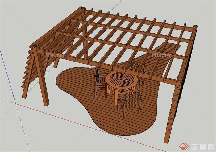 庭院景观节点木质梯形廊架桌椅设计su模型
