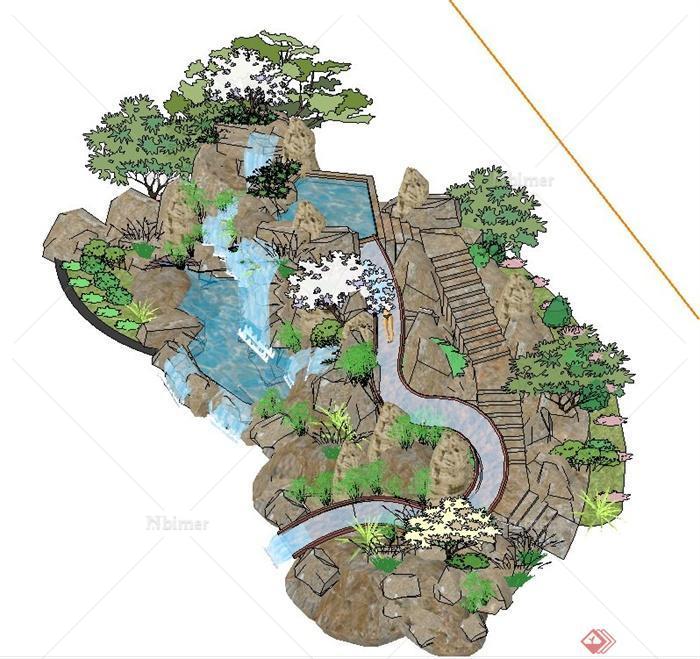 园林景观假山水景瀑布设计su模型