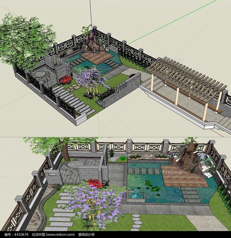 别墅中式庭院花园草图大师su模型