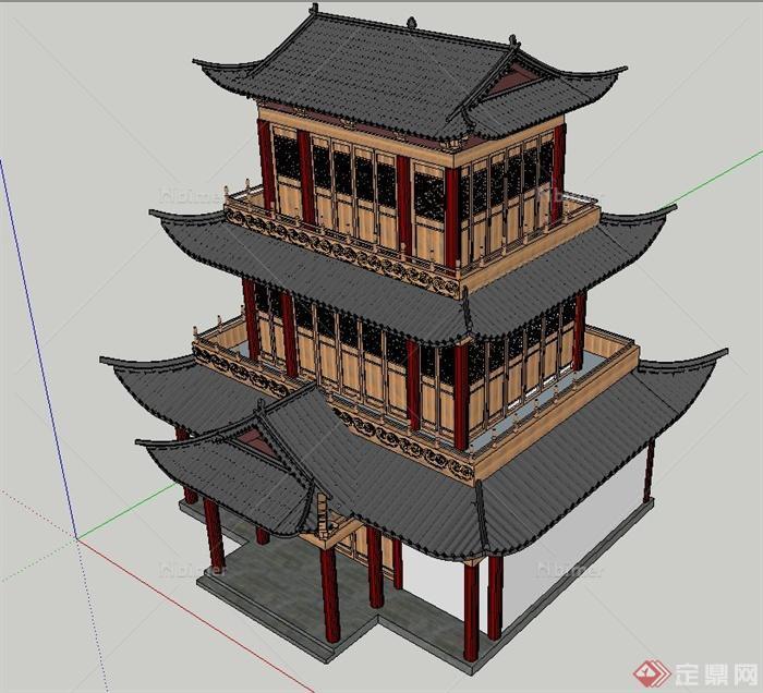 古典中式三层浮云楼建筑设计su模型