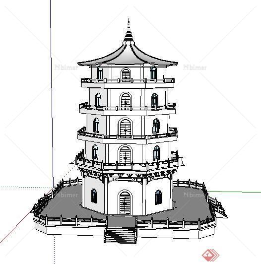 中式八角景观塔楼设计su模型[原创]