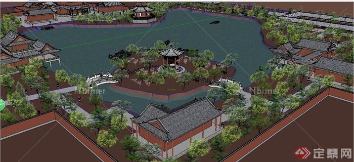 中式风格府邸古建筑及庭院景观设计模型原创