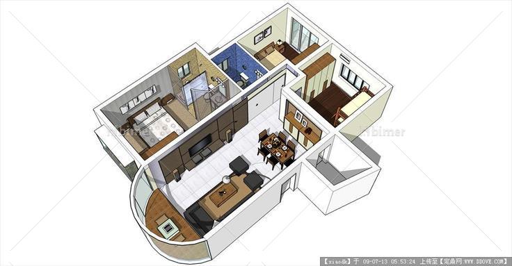 房屋住宅室内装饰设计鸟瞰视图完整场景sketchup