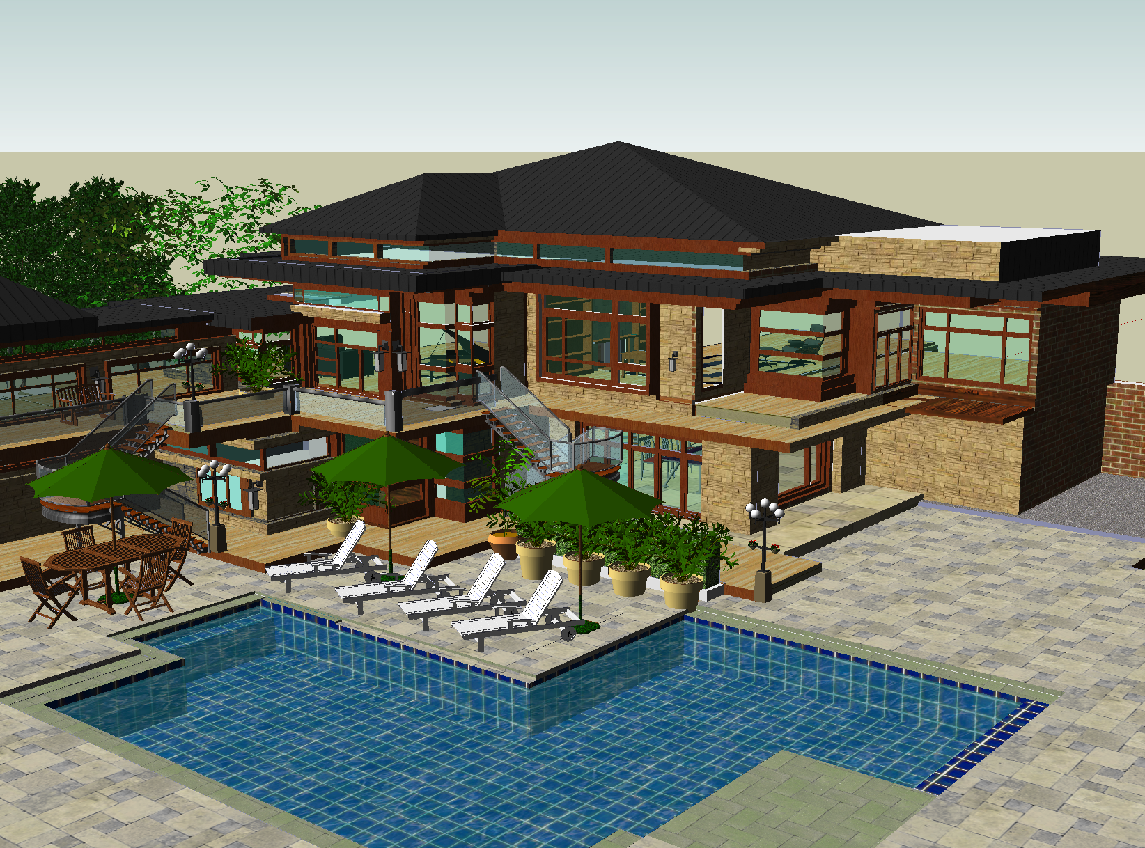 中式风格独栋别墅和庭院SketchUp模型