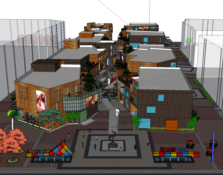 现代风格街区式步行街Sketchup模型