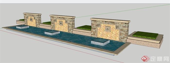 现代风格简约喷泉水景设计su模型
