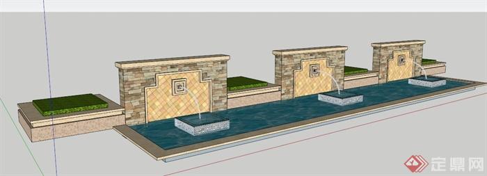 现代风格简约喷泉水景设计su模型