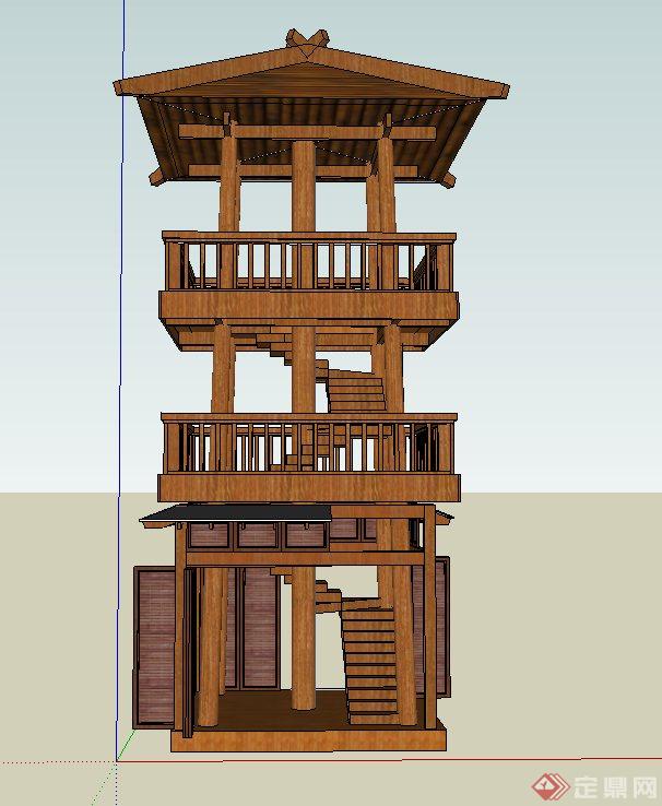园林景观节点木质四角三层塔楼建筑设计SU模型