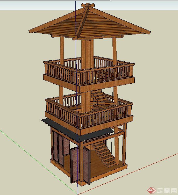 园林景观节点木质四角三层塔楼建筑设计SU模型
