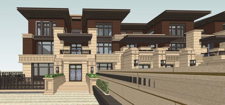 欧式风格三层联排别墅建筑sketchup模型