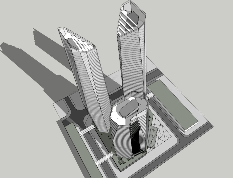 高层办公楼，玻璃表皮，多面体，SketchUp模型