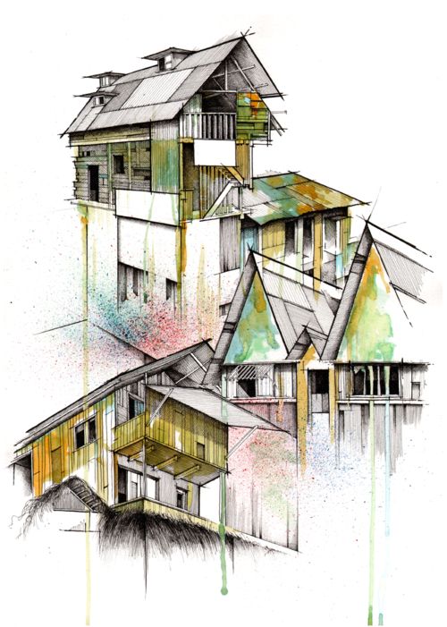 建筑手绘，水彩房子