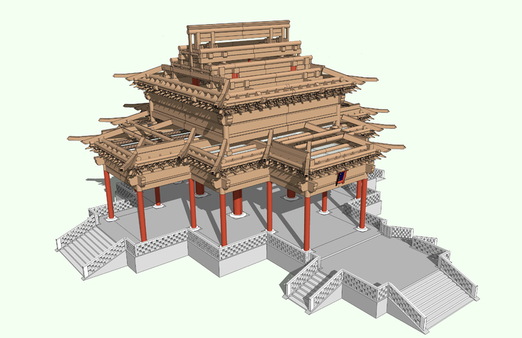中式古建殿堂梁框架结构sketchup模型