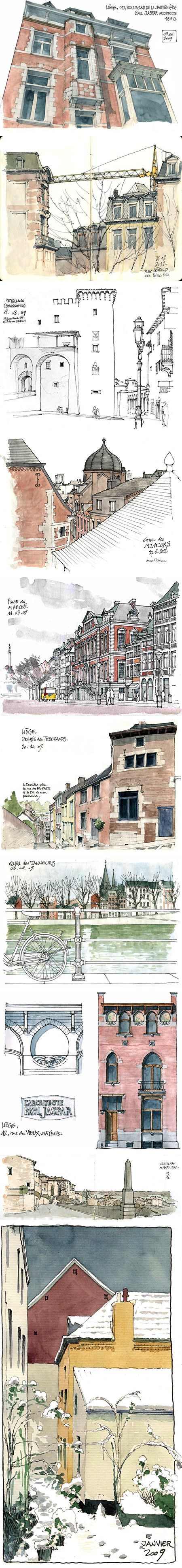 Gérard Michel: 几幅西方小城风格的精彩手绘