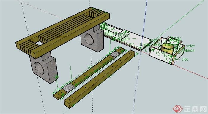 某园林景观花园长凳拆解SU模型