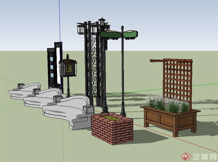 民国风格景观小品路灯、花箱、景墙设计SU模型[原