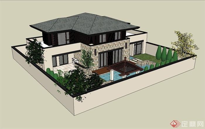 某新古典风格别墅住宅及庭院花园设计su模型[原创