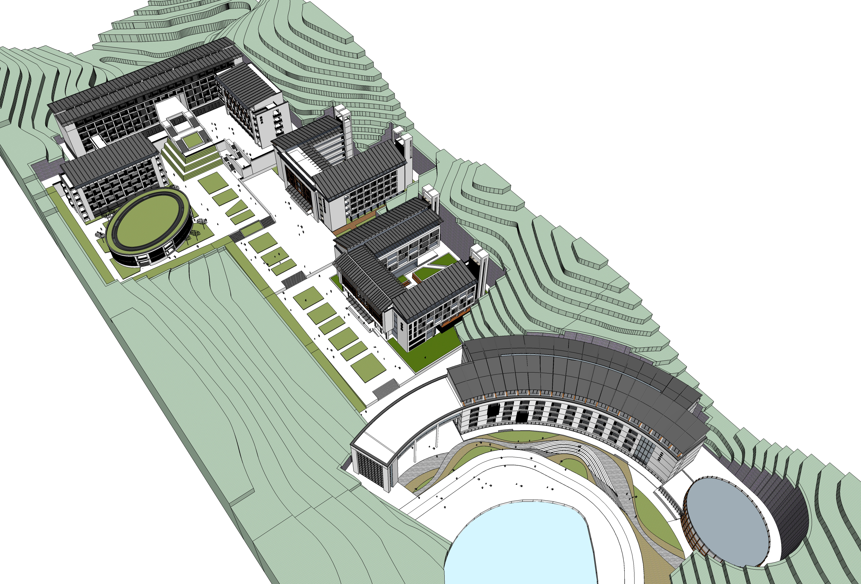 新中式风格高校教学楼宇建筑sketchup模型