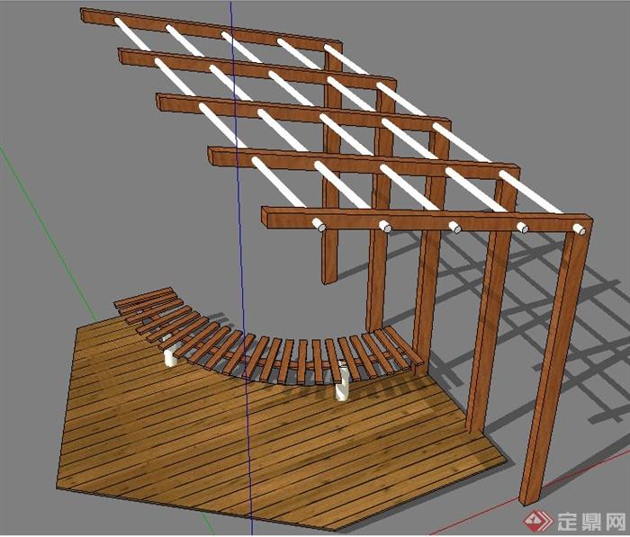 现代风格木花架、坐凳、木平台su模型