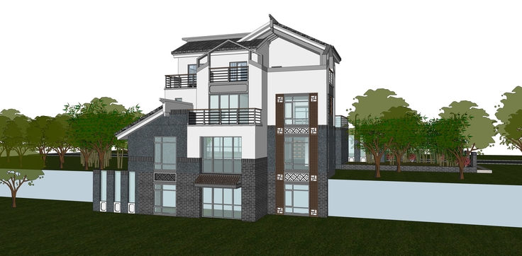 新中式风格独栋别墅建筑sketchup模型