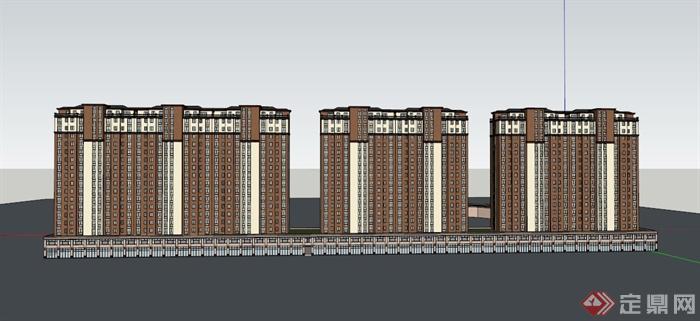 某现代高层三栋联结式商住房建筑设计SU模型