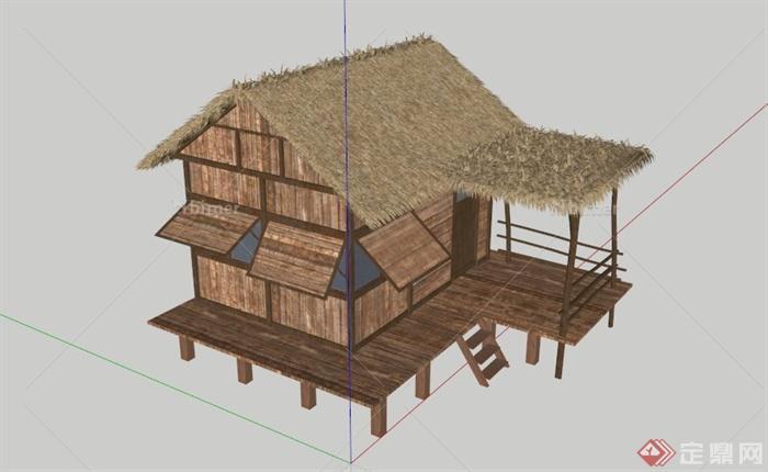 現代中式鄉村茅草房設計su模型