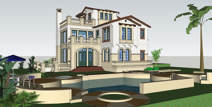 西班牙风格独栋别墅sketchup模型