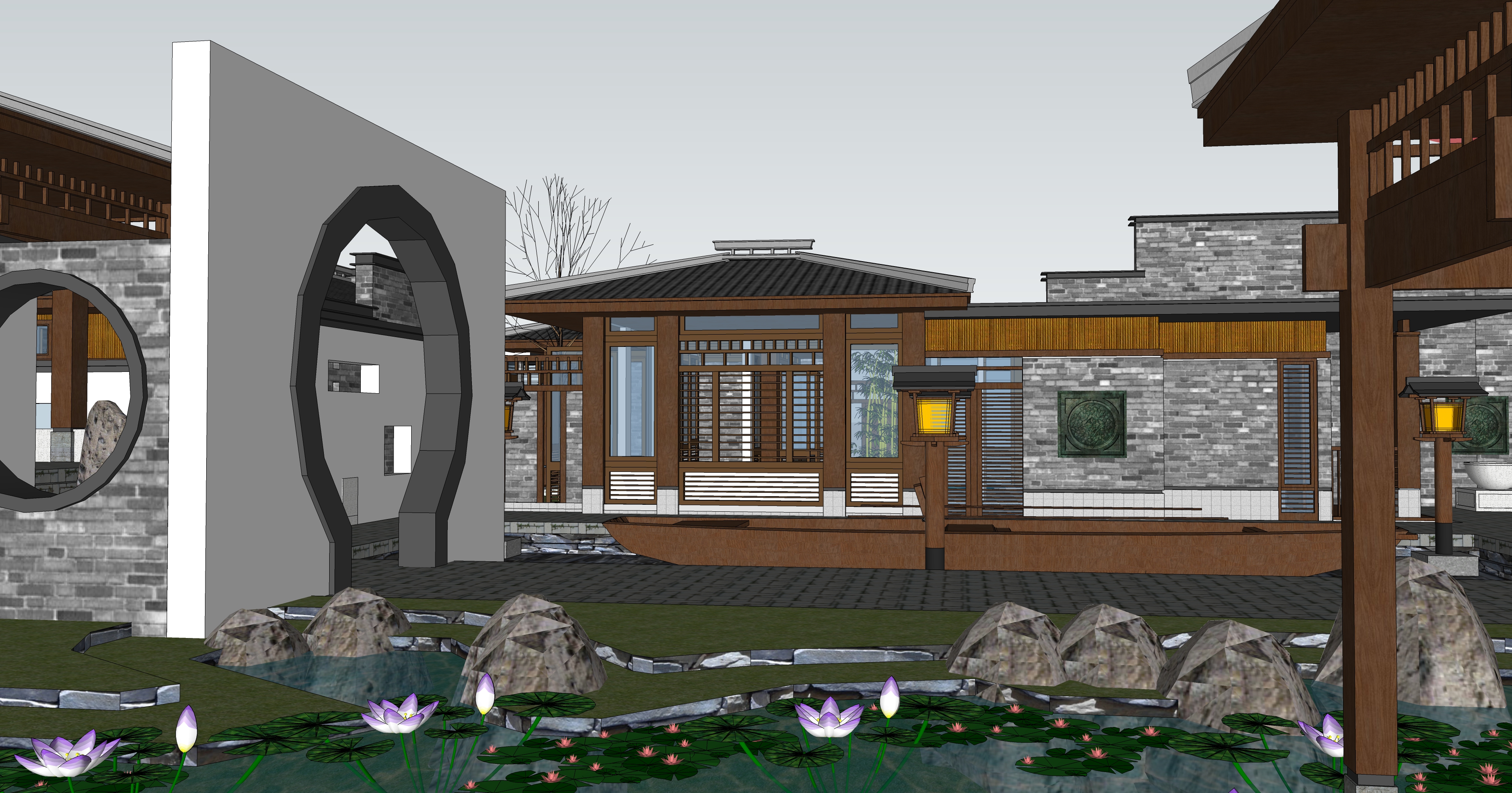 中式风格院落住宅建筑群sketchup模型