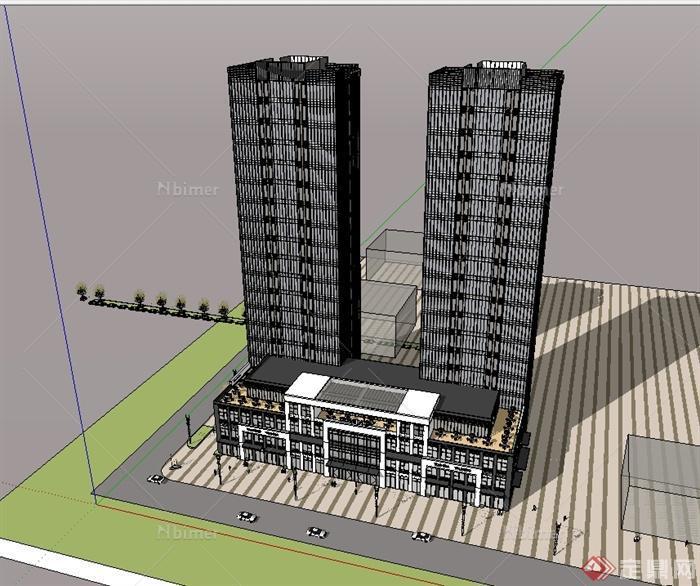 現代高層住宅帶底商建築樓設計su模型[原創]