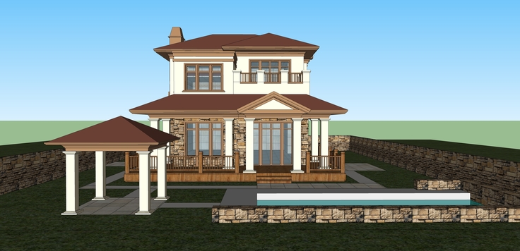 美式乡村风格两层独栋别墅sketchup模型
