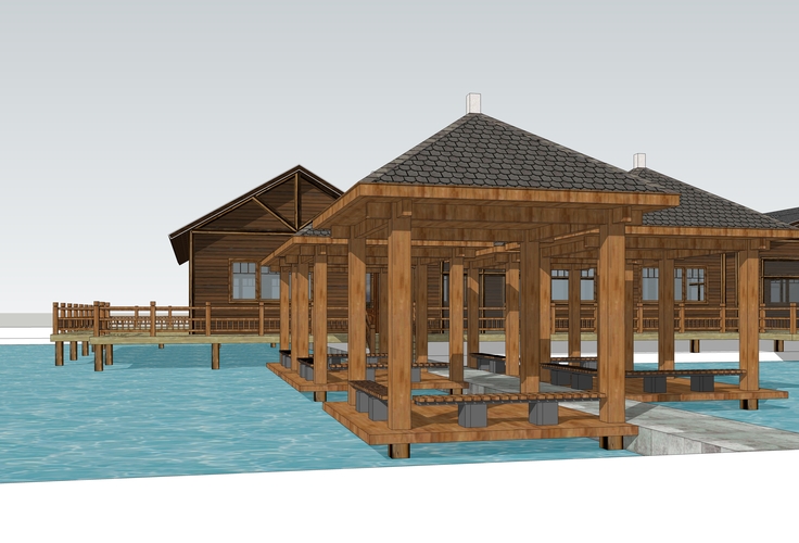水上农家乐木屋建筑群sketchup模型