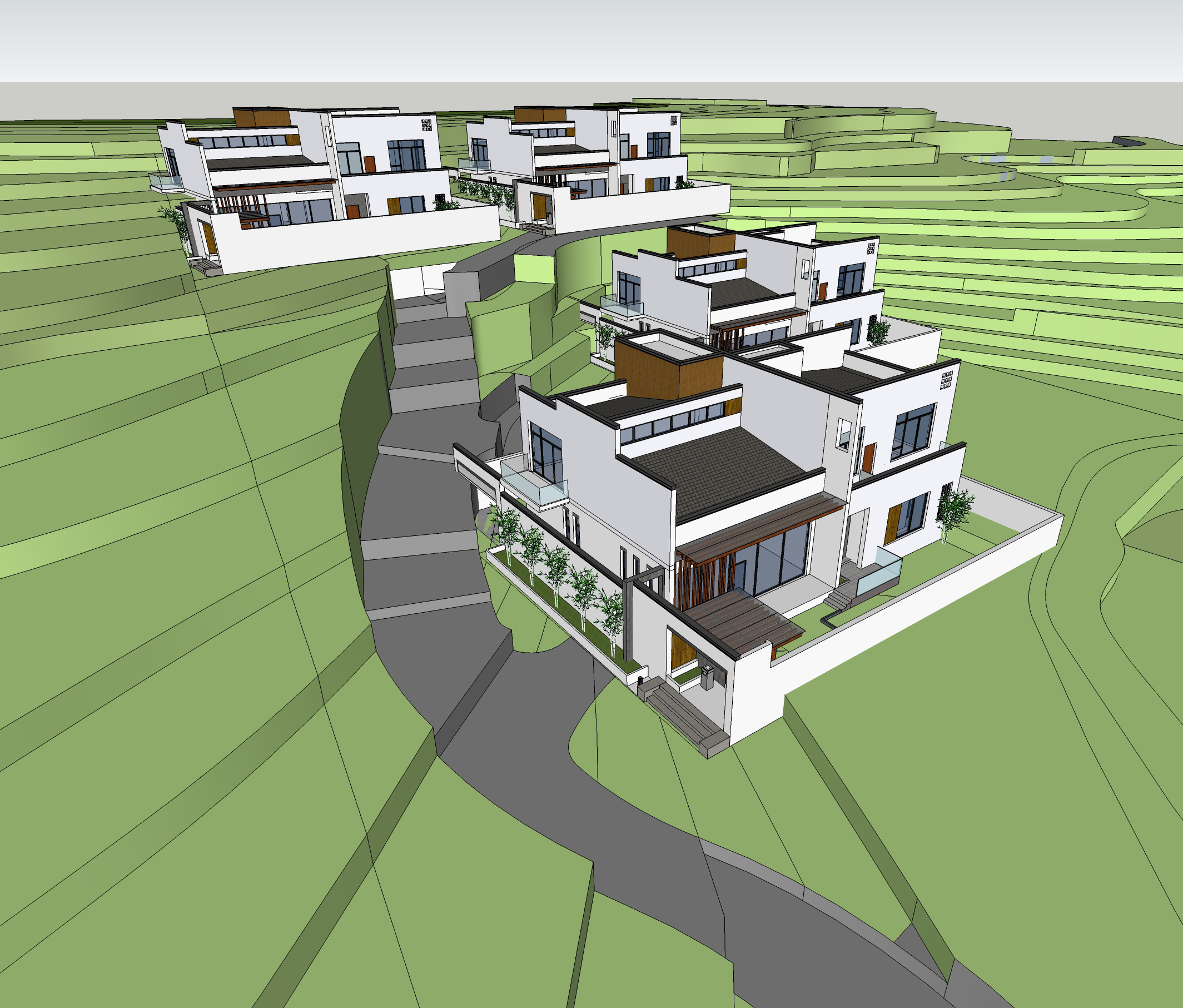 新中式风格山地别墅建筑群sketchup模型