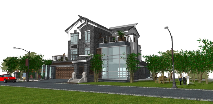 新中式风格独栋别墅建筑sketchup模型