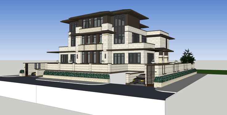 东方新古典风格双拼别墅sketchup模型