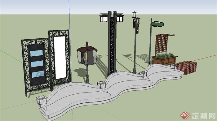 民国风格景观小品路灯、花箱、景墙设计SU模型[原