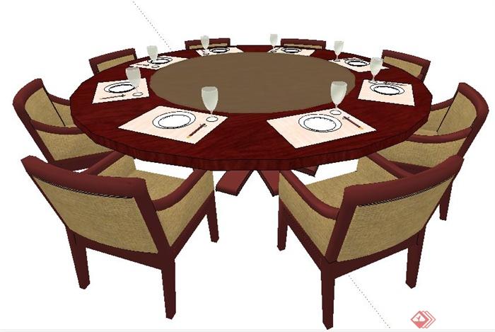 现代中式圆形餐桌椅su模型