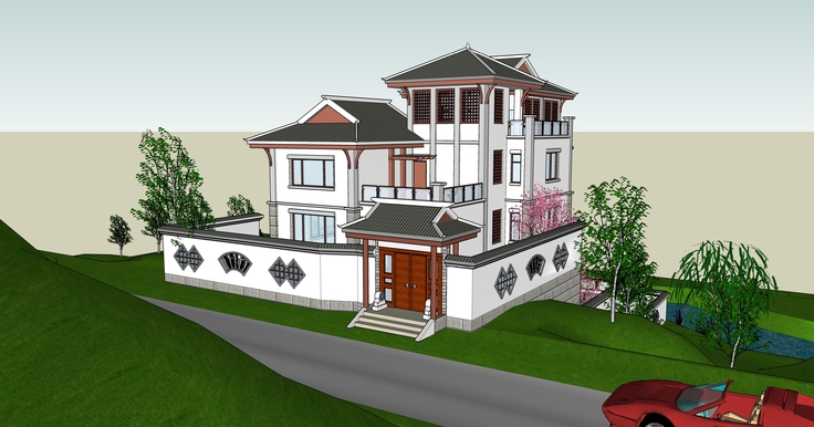 中国新古典山地独栋别墅建筑sketchup模型